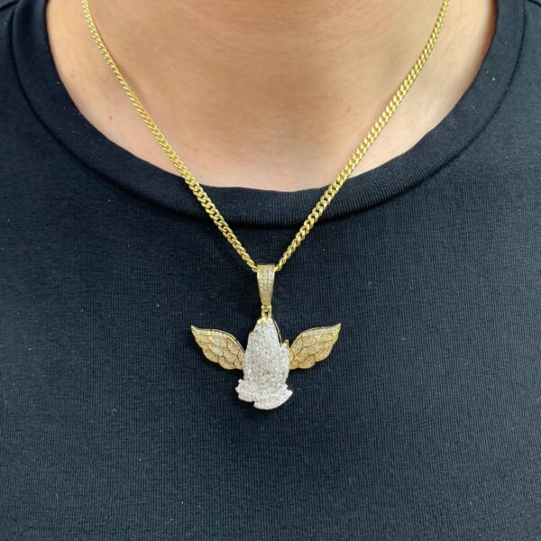 Yellow Gold and Diamond Praying Hand with Wings Pendant and Yellow Gold Cuban Chain - Image 3