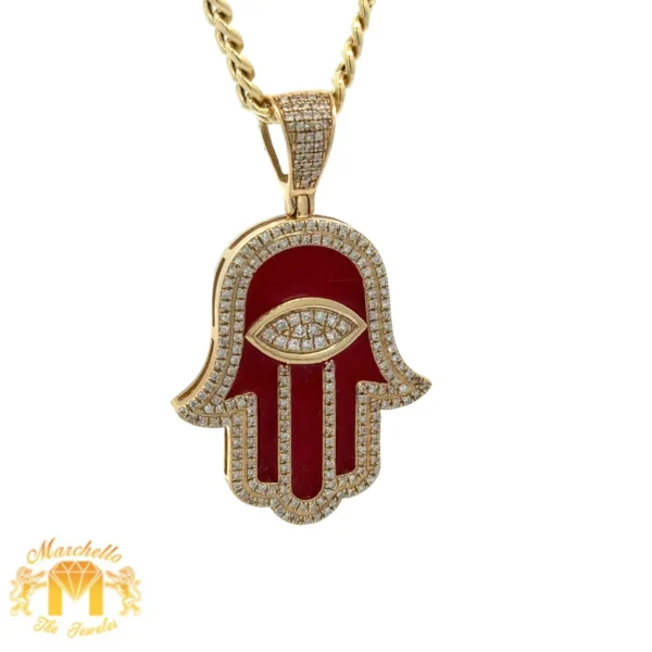 14k Yellow Gold and Diamond Hamsa Pendant and Yellow Gold Cuban Link Chain (choose your color) - Image 7