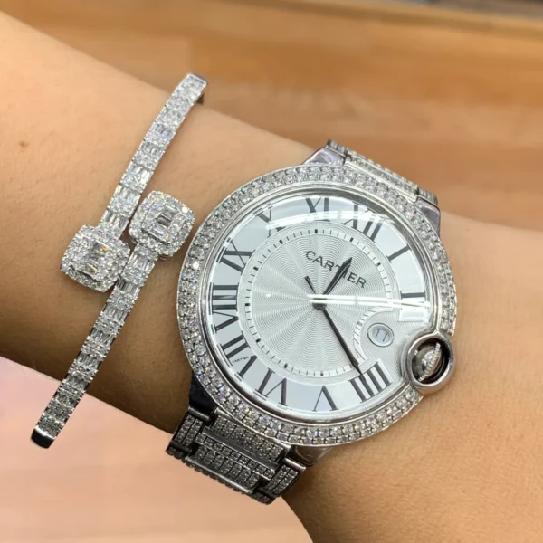 4 piece deal: 40mm Cartier Ballon Bleu De Diamond Watch + White Gold and Diamond Twin Square Bracelet + Complimentary Earrings + Gift from MTJ - Image 7