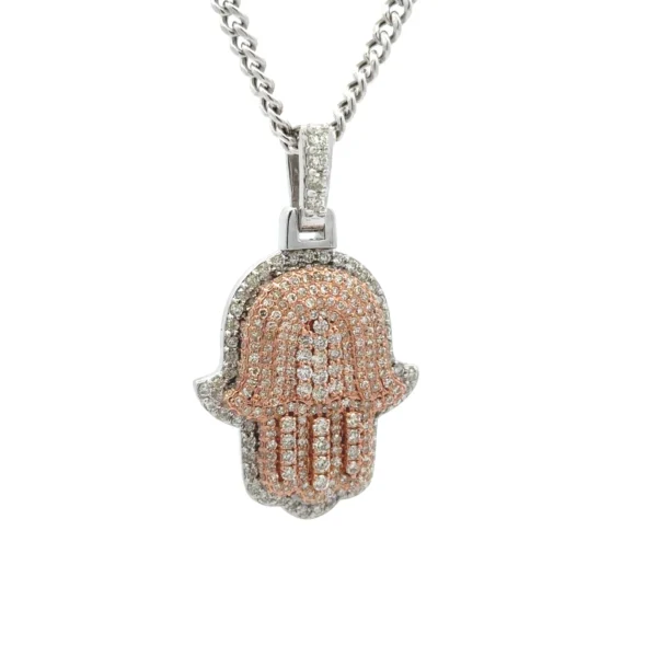 14k two-tone: white and rose gold Hamsa Pendant and White Gold Cuban Chain - Image 3