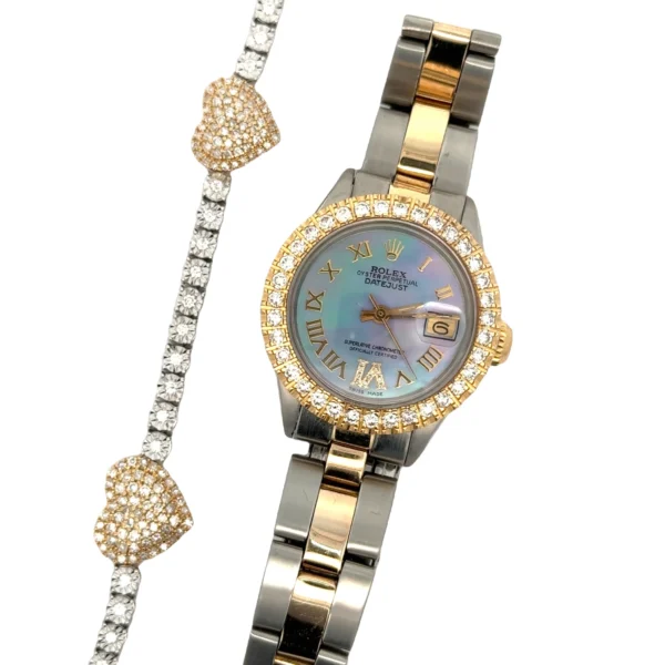 4 piece deal: 26mm Rolex Watch with Two-Tone Oyster Bracelet + Gold and Diamond 3 Hearts Bracelet + Complimentary Earrings+ Gift from MTJ - Image 3