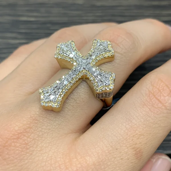 Yellow Gold and Diamond Cross Ring with Round and Baguette Diamonds - Image 5