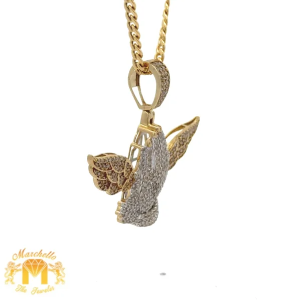 Yellow Gold and Diamond Praying Hand with Wings Pendant and Yellow Gold Cuban Chain - Image 4