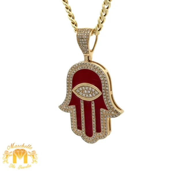 14k Yellow Gold and Diamond Hamsa Pendant and Yellow Gold Cuban Link Chain (choose your color) - Image 3