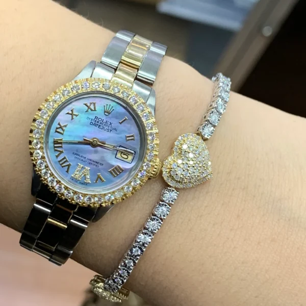 4 piece deal: 26mm Rolex Watch with Two-Tone Oyster Bracelet + Gold and Diamond 3 Hearts Bracelet + Complimentary Earrings+ Gift from MTJ - Image 2