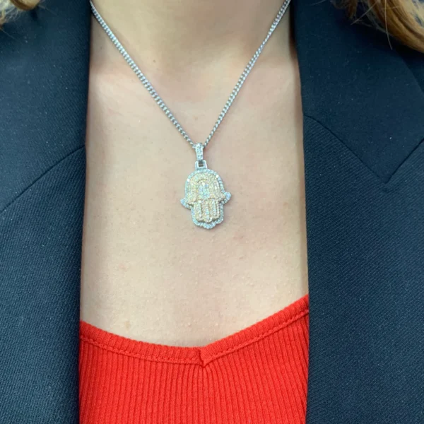 14k two-tone: white and rose gold Hamsa Pendant and White Gold Cuban Chain - Image 4